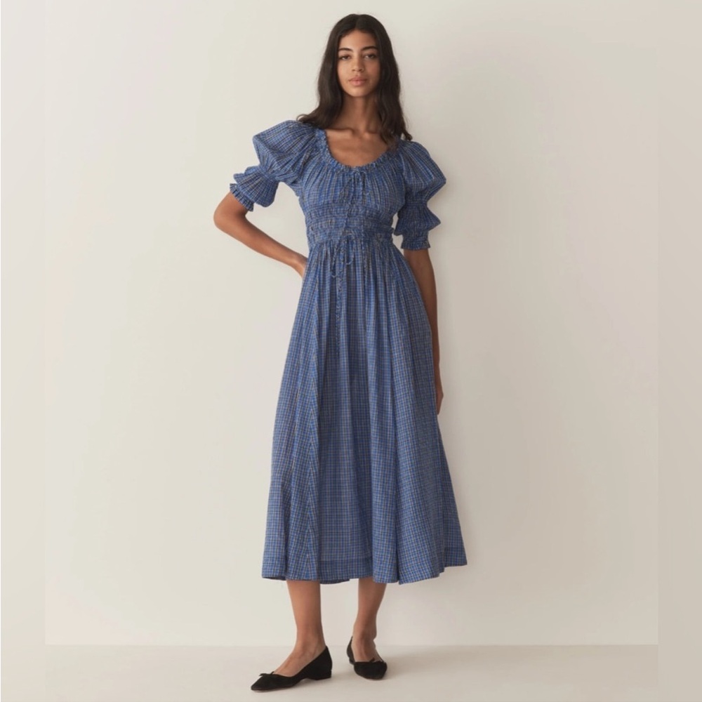 NWT DOEN Ischia Dress in Cassis Check Blue Size Small